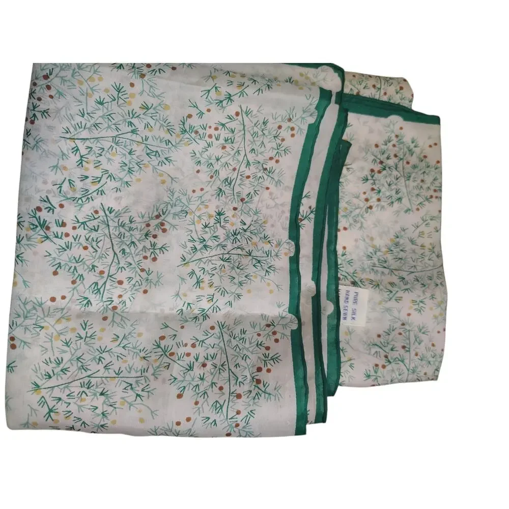 Happiness Pure Silk Scarf Hand Sewn Floral Green White Lightweight Square Scarf